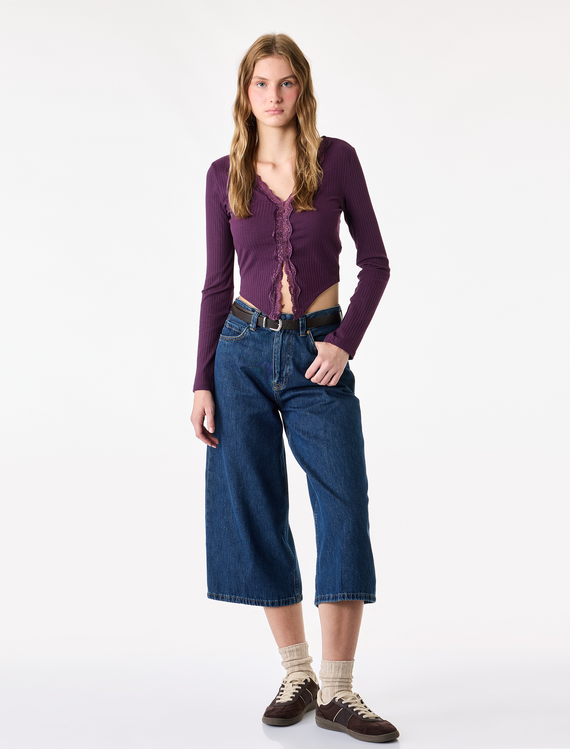   Slim Fit Kaşkorse Dantel Detaylı V Yaka Uzun Kollu Tişört