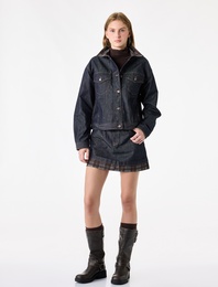 Ekose Yakalı Düğmeli Cepli Uzun Kollu Denim Ceket