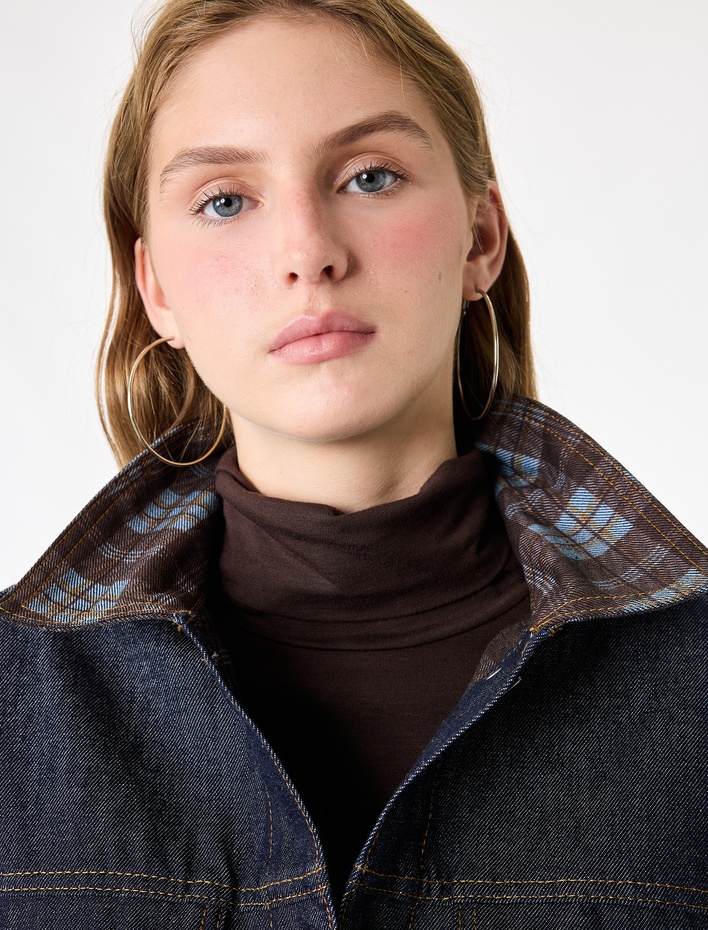  Ekose Yakalı Düğmeli Cepli Uzun Kollu Denim Ceket