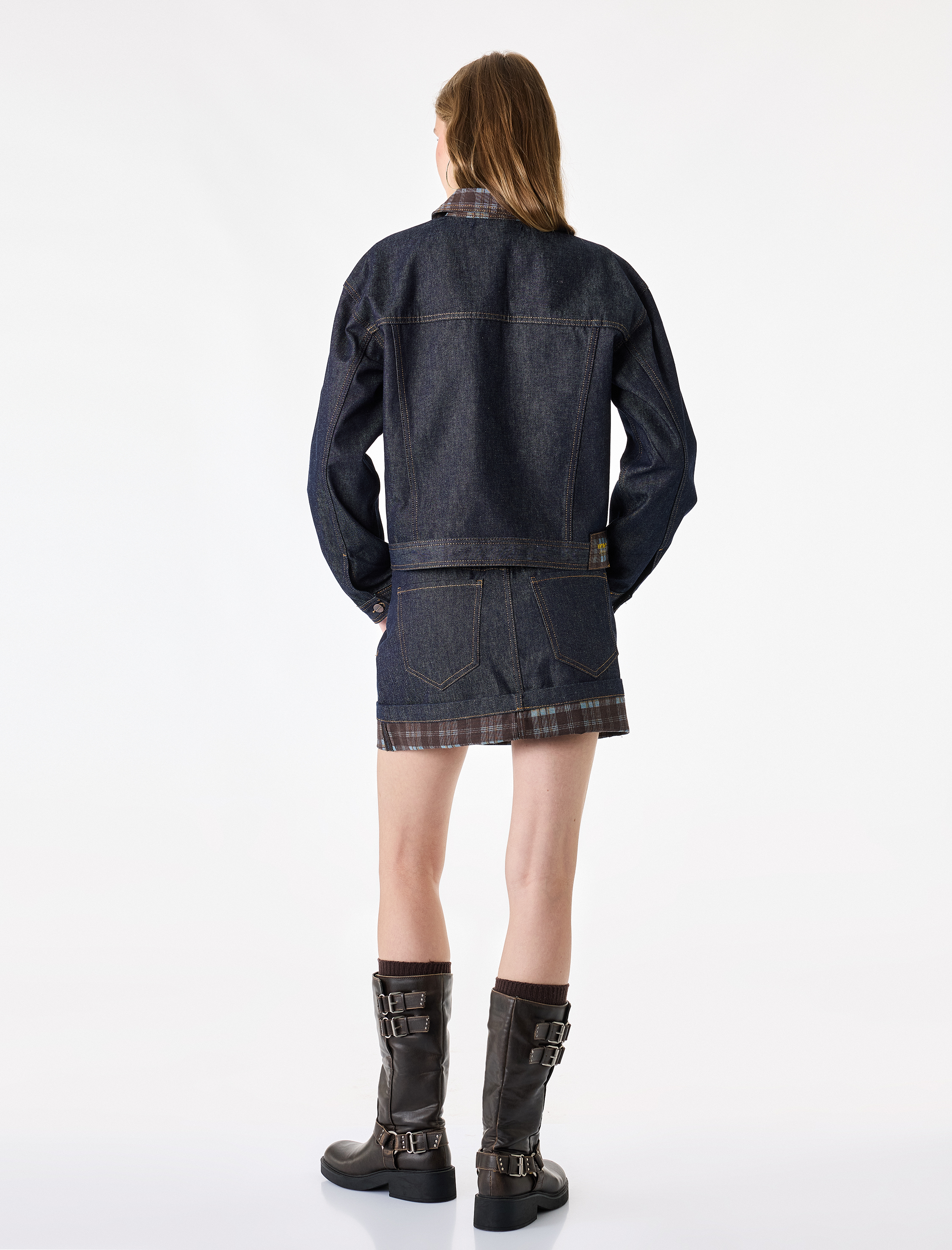   Ekose Yakalı Düğmeli Cepli Uzun Kollu Denim Ceket