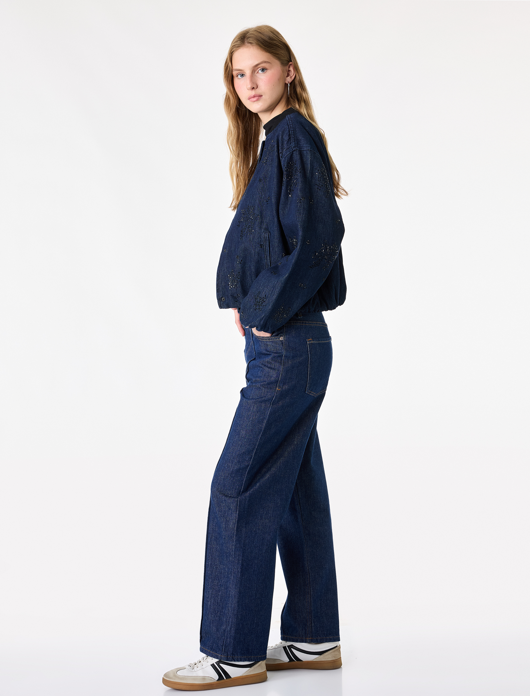   Düşük Bel Nervürlü Pamuklu Düz Paça Denim Pantolon - Straight Fit Jean