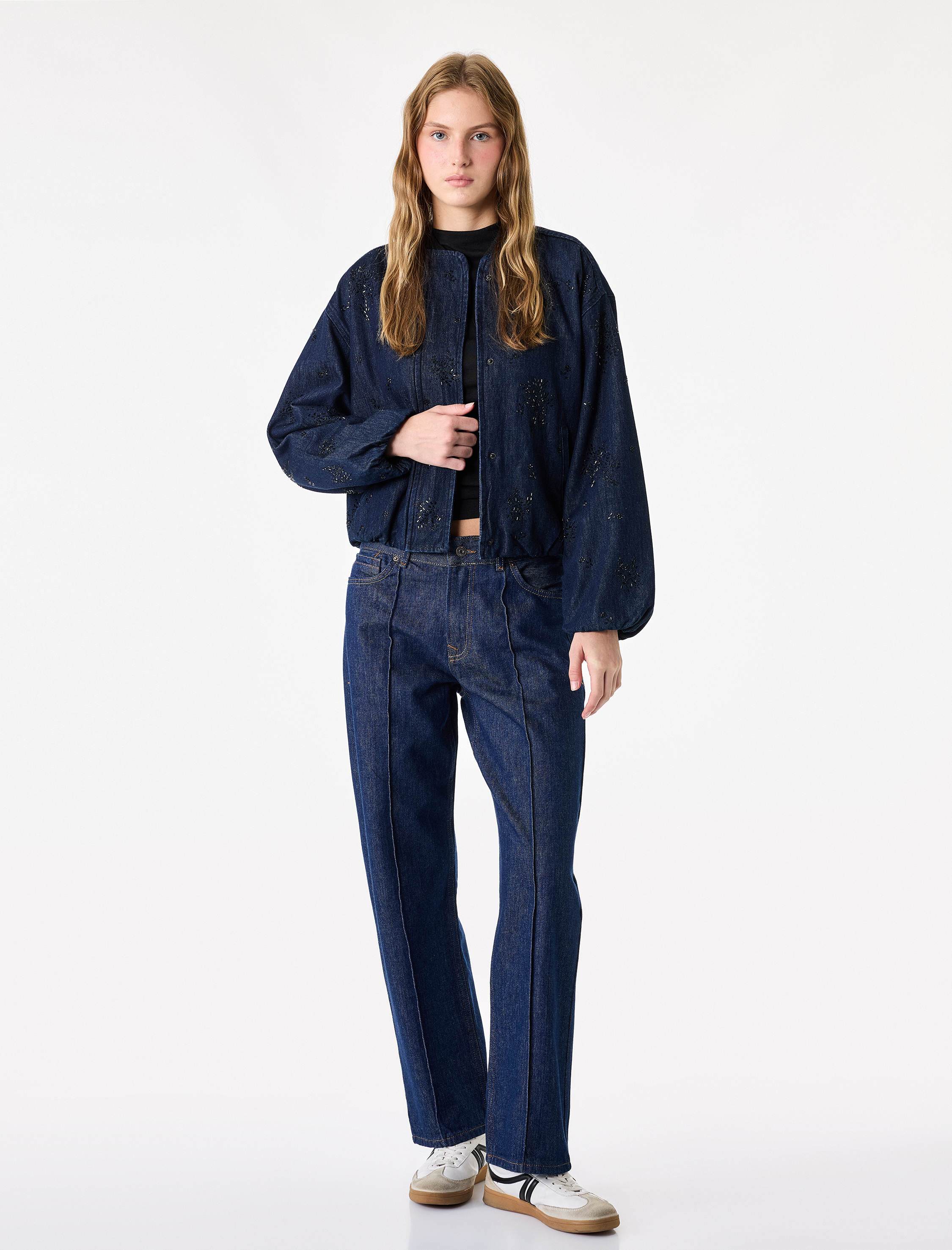   Düşük Bel Nervürlü Pamuklu Düz Paça Denim Pantolon - Straight Fit Jean