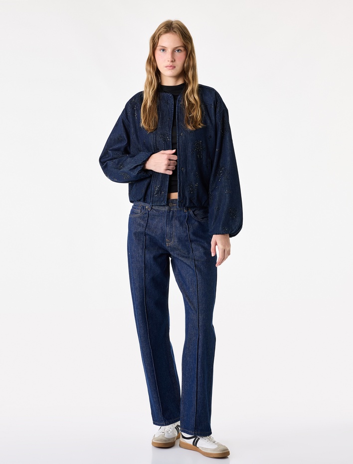  Düşük Bel Nervürlü Pamuklu Düz Paça Denim Pantolon - Straight Fit Jean