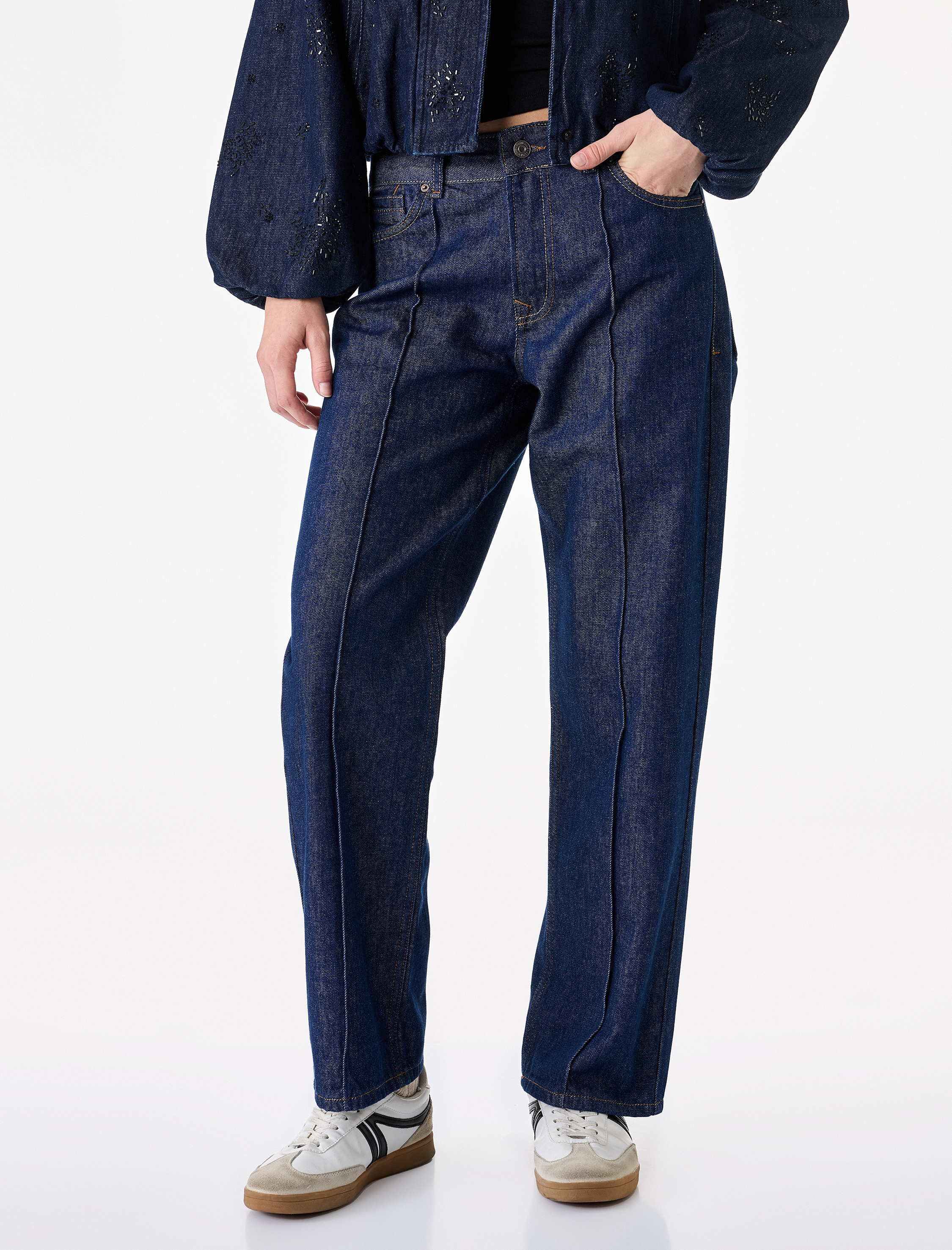   Düşük Bel Nervürlü Pamuklu Düz Paça Denim Pantolon - Straight Fit Jean