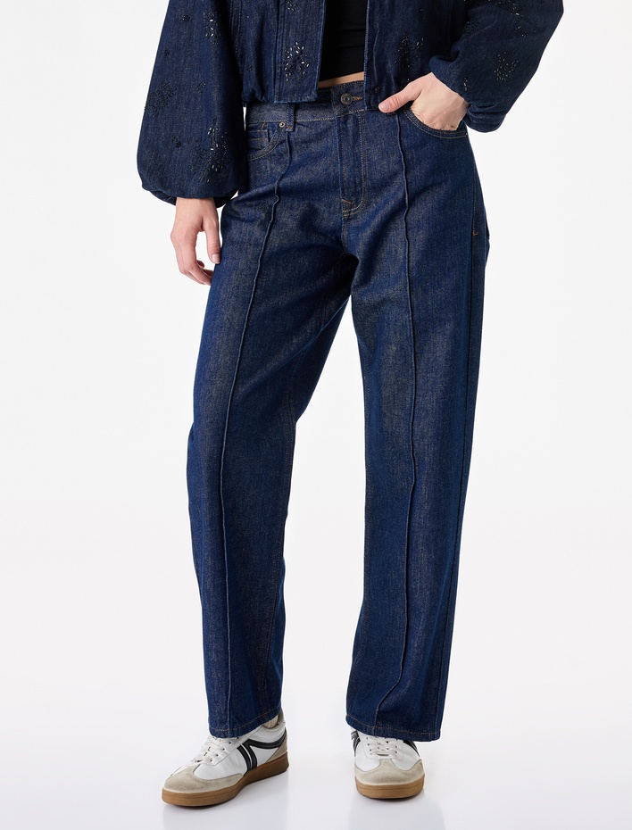  Düşük Bel Nervürlü Pamuklu Düz Paça Denim Pantolon - Straight Fit Jean