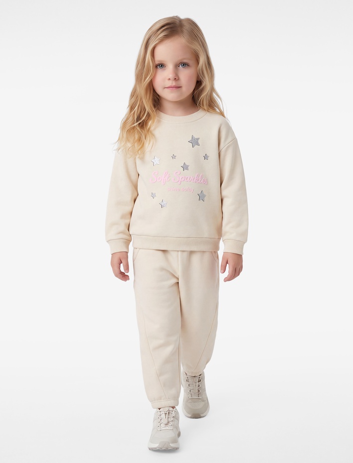 Kız Bebek Yıldız Baskılı Bisiklet Yaka Uzun Kollu Şardonlu Sweatshirt