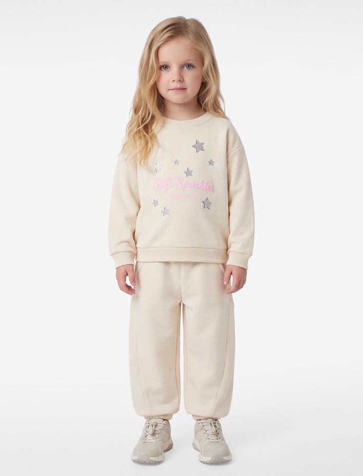 Kız Bebek Yıldız Baskılı Bisiklet Yaka Uzun Kollu Şardonlu Sweatshirt