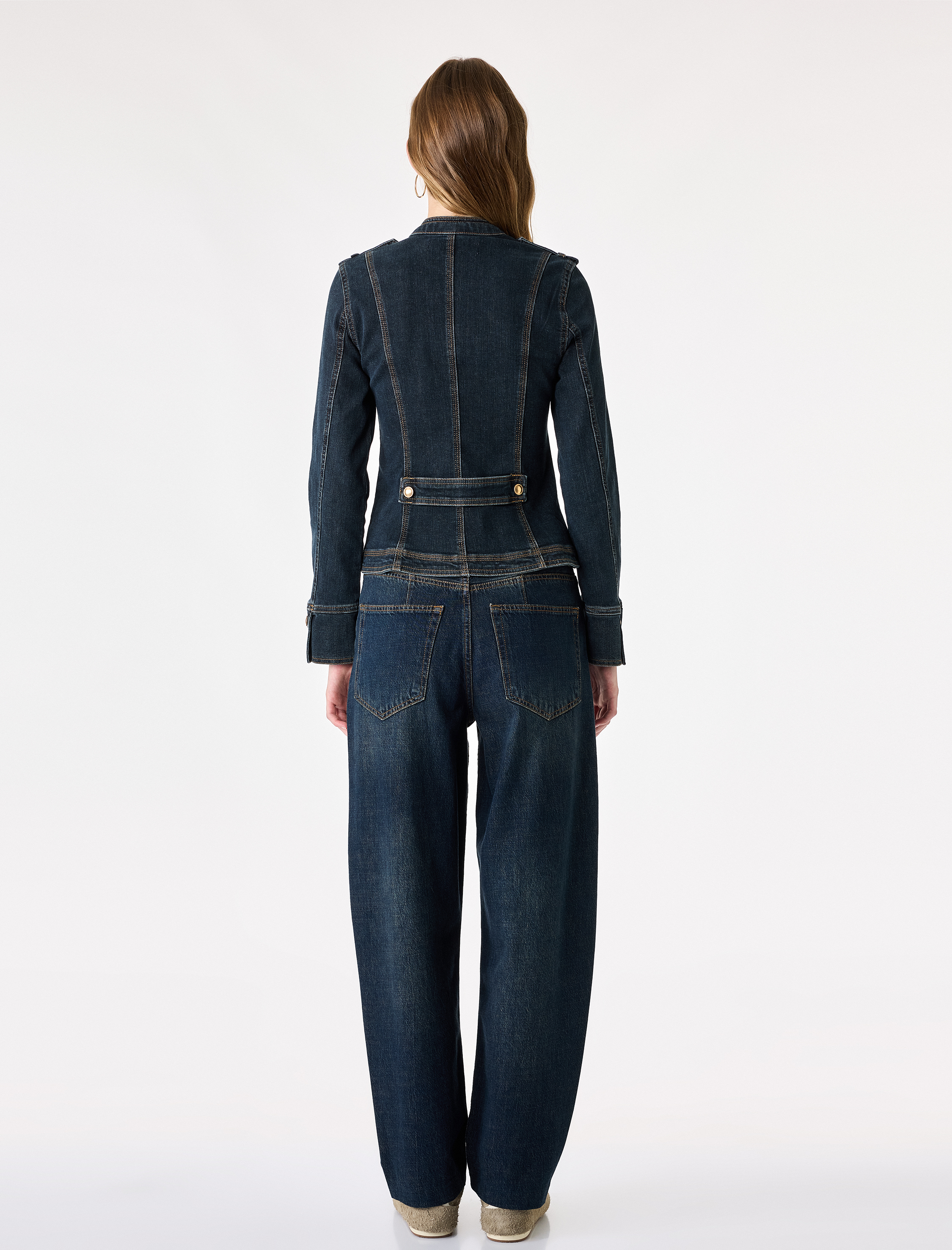   Cepli Omuz Apoletli Pamuklu Düğmeli Dik Yaka Denim Ceket