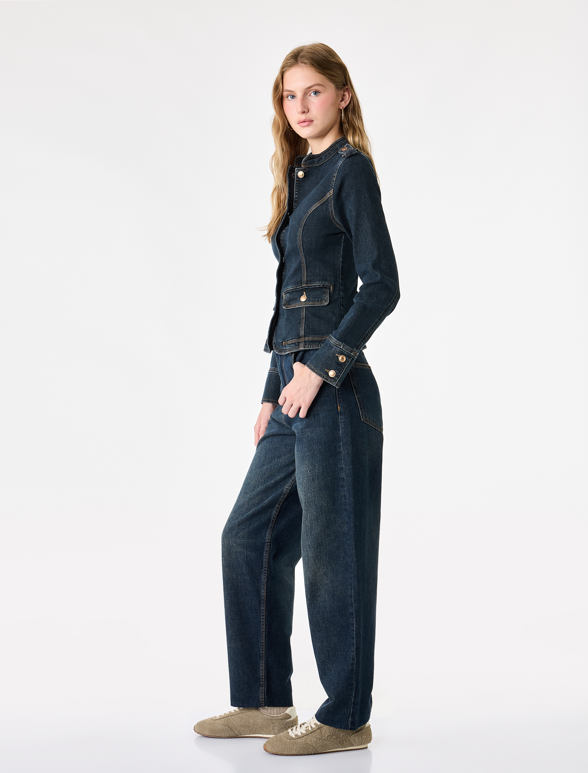   Cepli Omuz Apoletli Pamuklu Düğmeli Dik Yaka Denim Ceket