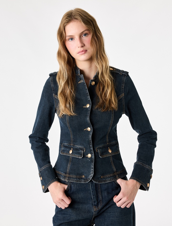  Cepli Omuz Apoletli Pamuklu Düğmeli Dik Yaka Denim Ceket