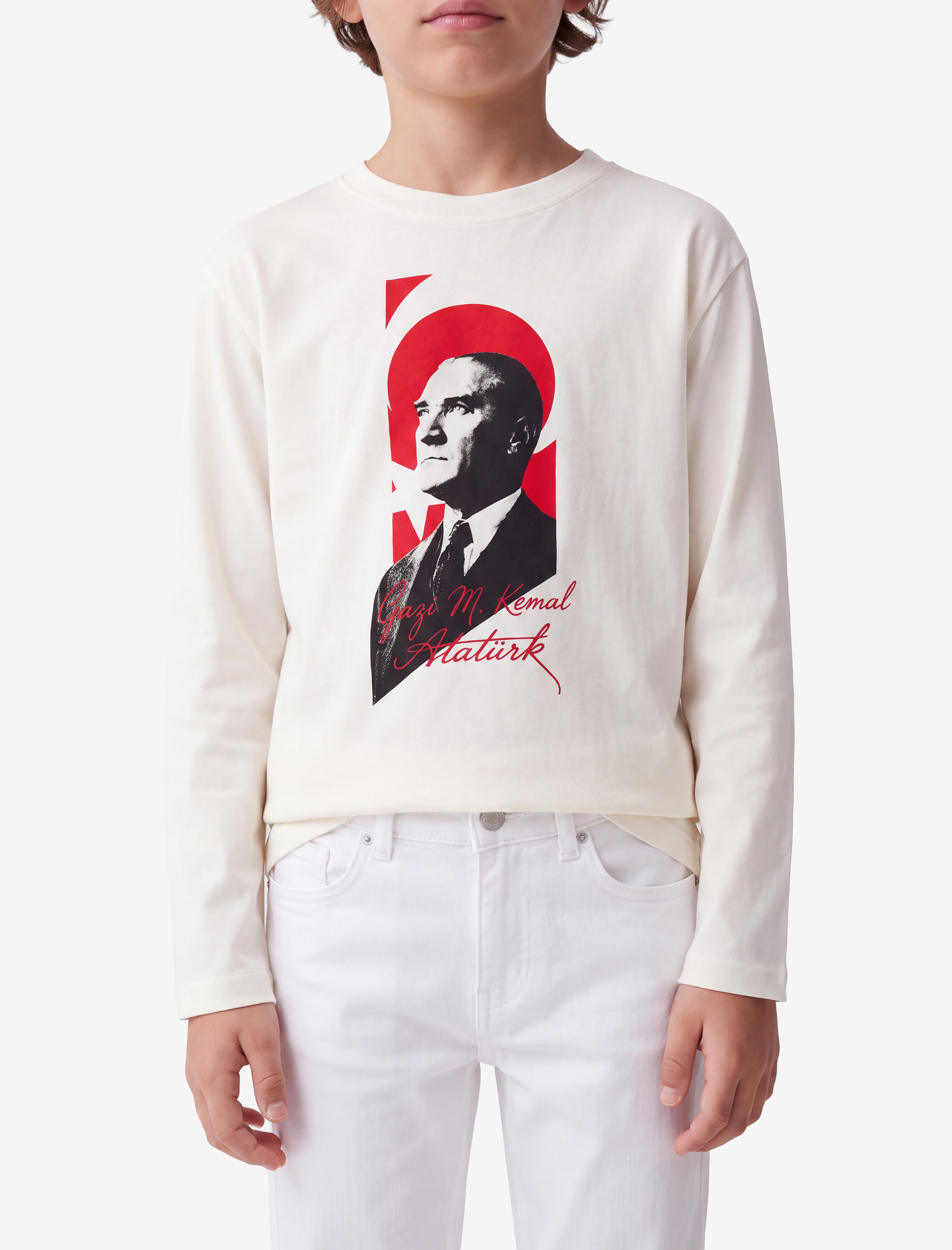  Erkek Çocuk Atatürk Baskılı Uzun Kollu Bisiklet Yaka Pamuklu Tişört