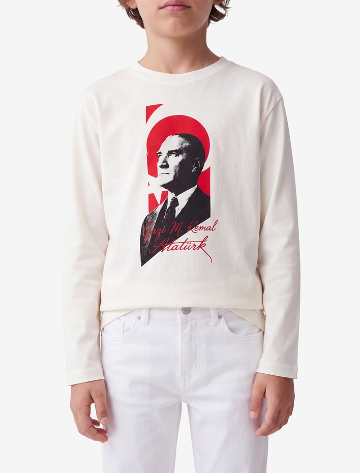 Erkek Çocuk Atatürk Baskılı Uzun Kollu Bisiklet Yaka Pamuklu Tişört