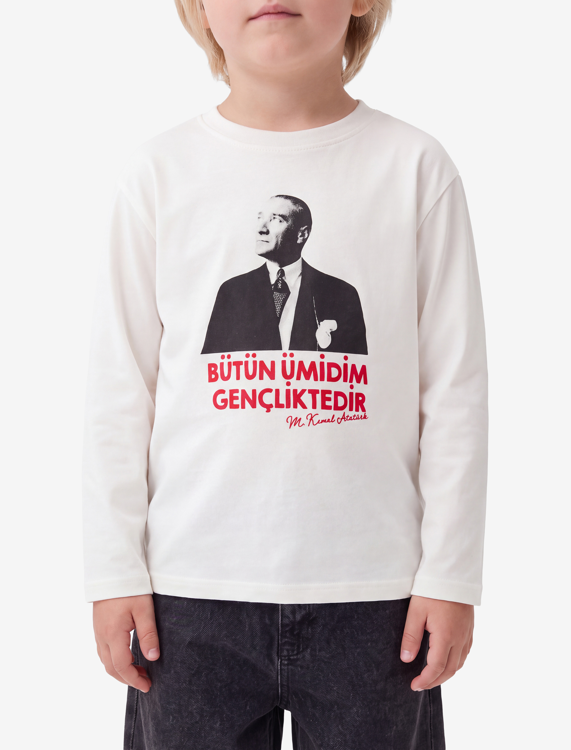  Erkek Bebek Atatürk Baskılı Pamuklu Bisiklet Yaka Uzun Kollu Tişört
