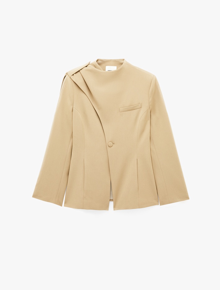  Uzun Kollu Şal Yaka Düğmeli Asimetrik Drapeli Peplum Blazer Ceket