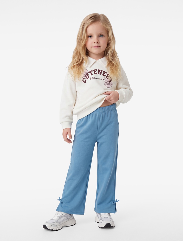 Kız Bebek Fiyonklu Pamuklu Beli Lastikli Kaşkorse Geniş Paça Pantolon