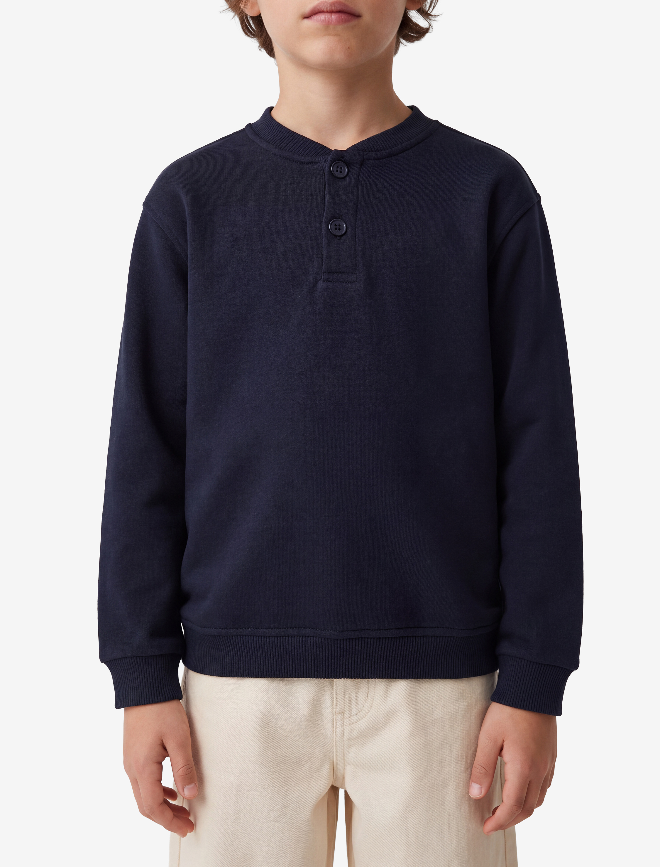  Erkek Çocuk Uzun Kollu Üç İplik Şardonlu Düğmeli Henley Yaka Sweatshirt