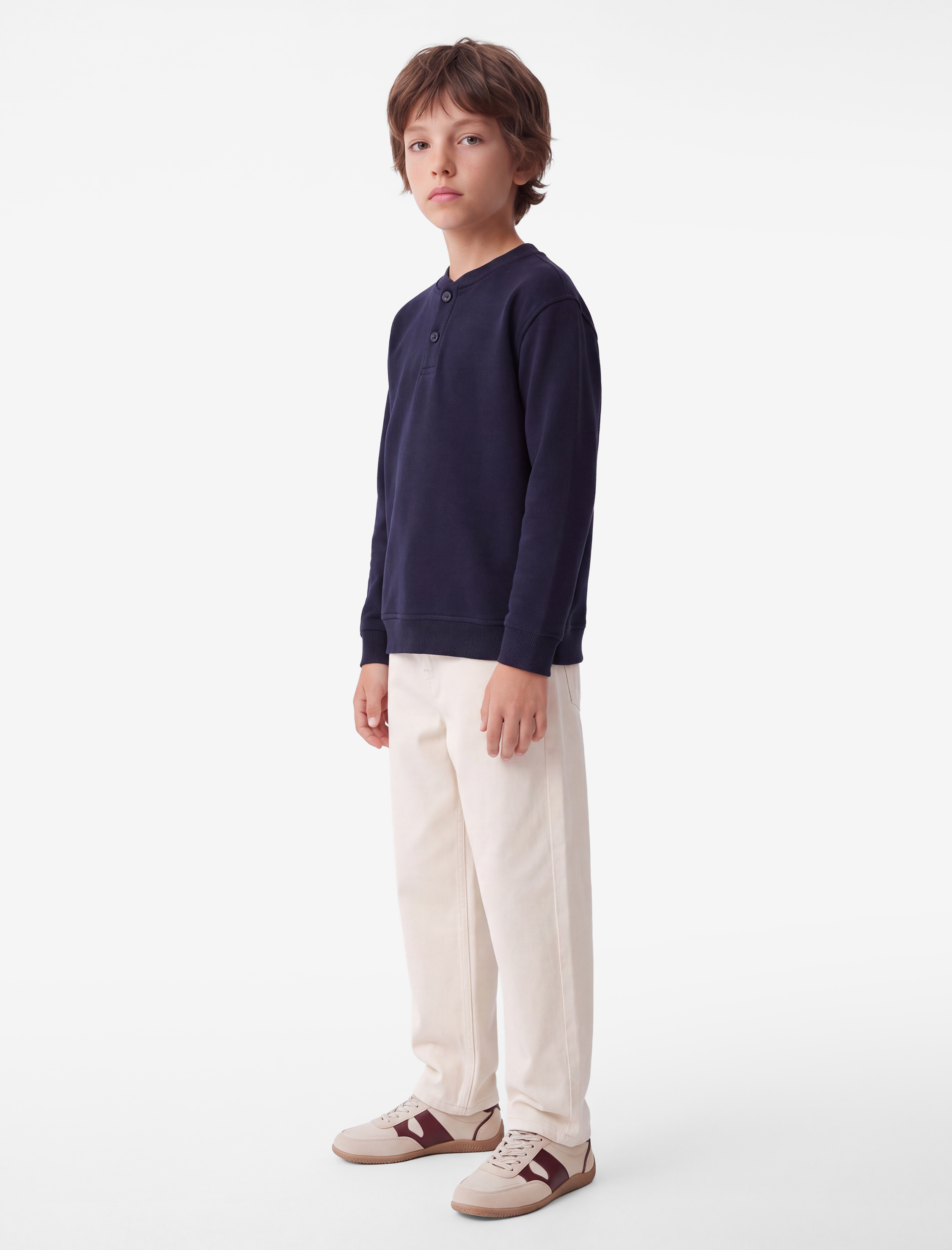  Erkek Çocuk Uzun Kollu Üç İplik Şardonlu Düğmeli Henley Yaka Sweatshirt