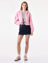 Şardonlu Arkası Baskılı Cepli Simli Kapüşonlu Fermuarlı Crop Dansçı Sweatshirt