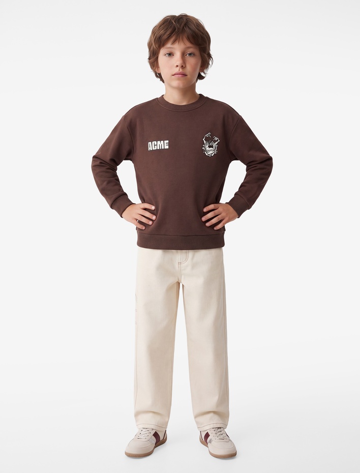 Erkek Çocuk Uzun Kollu Bisiklet Yaka Şardonlu Lisanslı Arkası Tazmanya Canavarı Baskılı Sweatshirt
