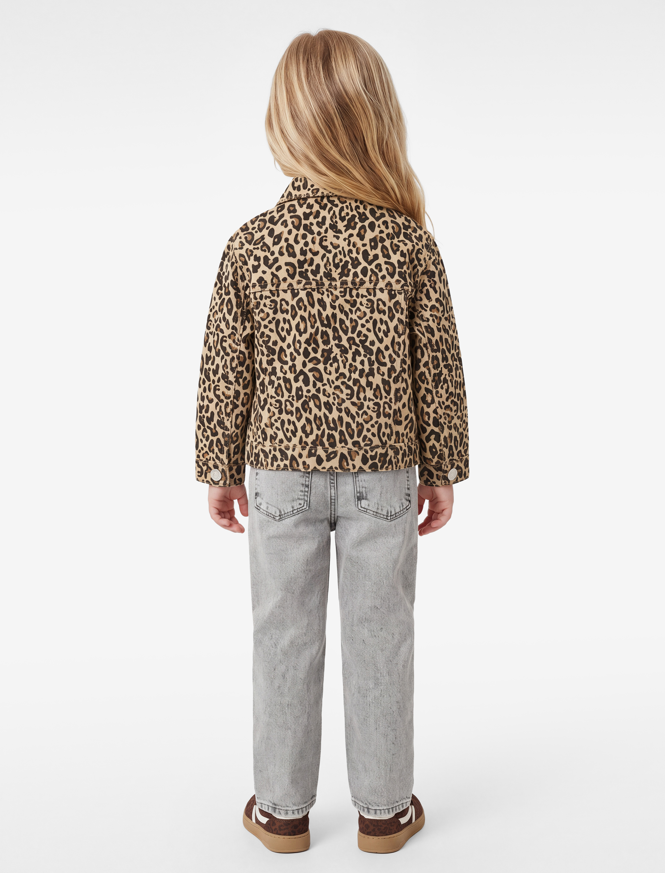  Kız Bebek Leopar Desenli Bol Kesim Pamuklu Uzun Kollu Denim Ceket