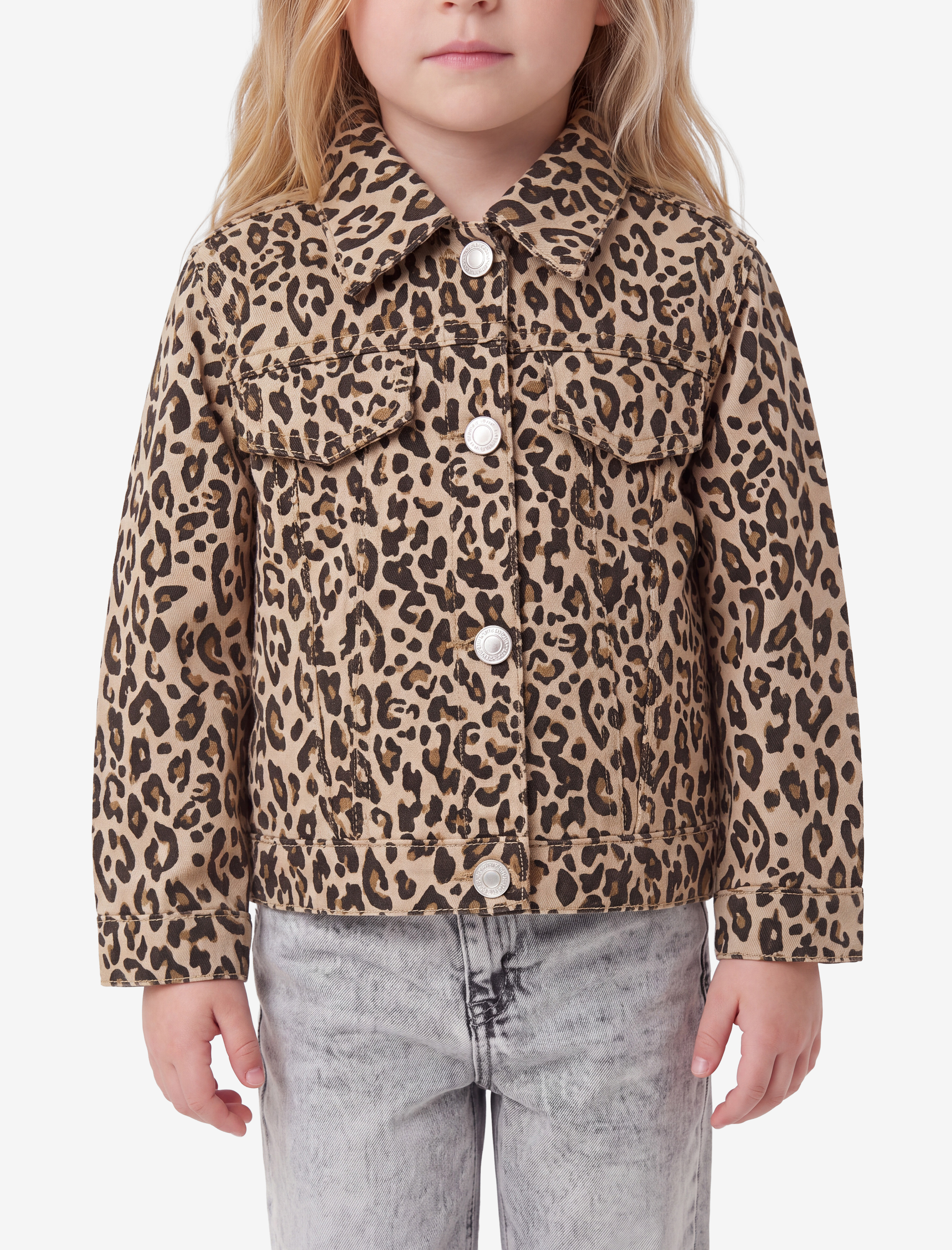  Kız Bebek Leopar Desenli Bol Kesim Pamuklu Uzun Kollu Denim Ceket