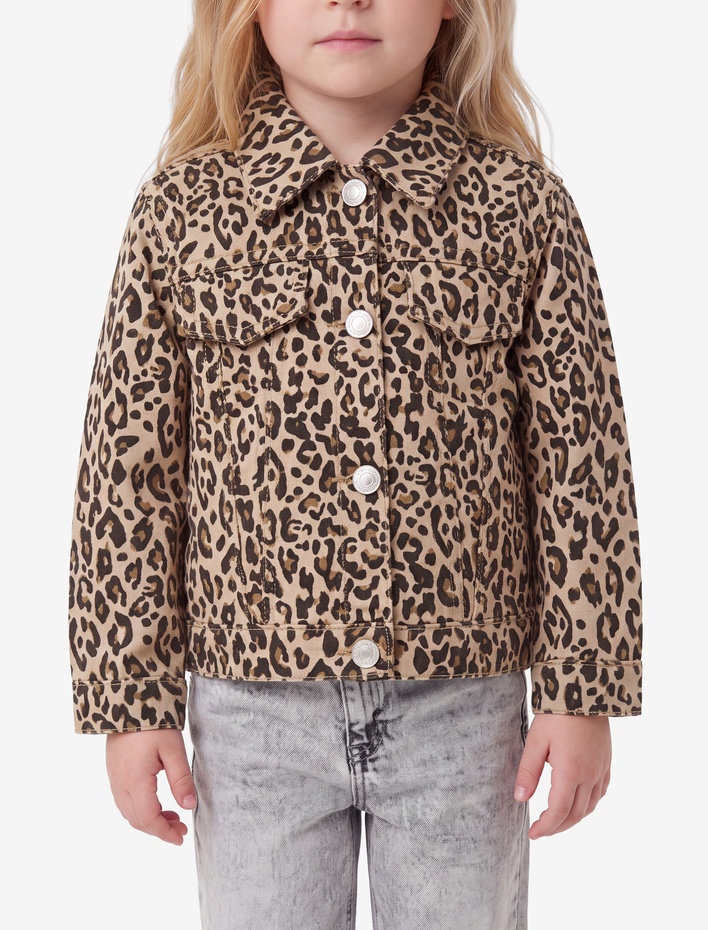 Kız Bebek Leopar Desenli Bol Kesim Pamuklu Uzun Kollu Denim Ceket