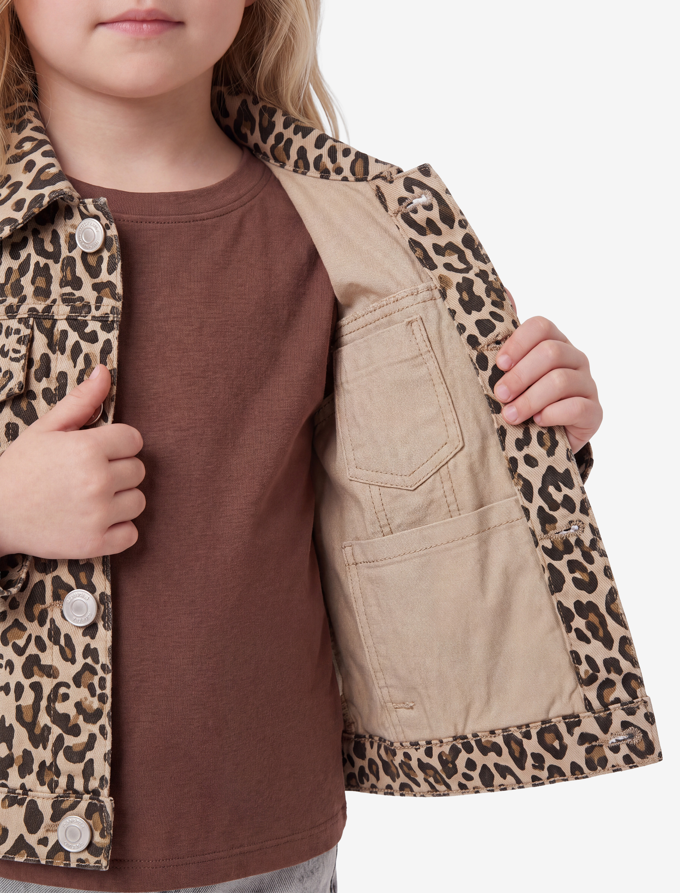  Kız Bebek Leopar Desenli Bol Kesim Pamuklu Uzun Kollu Denim Ceket