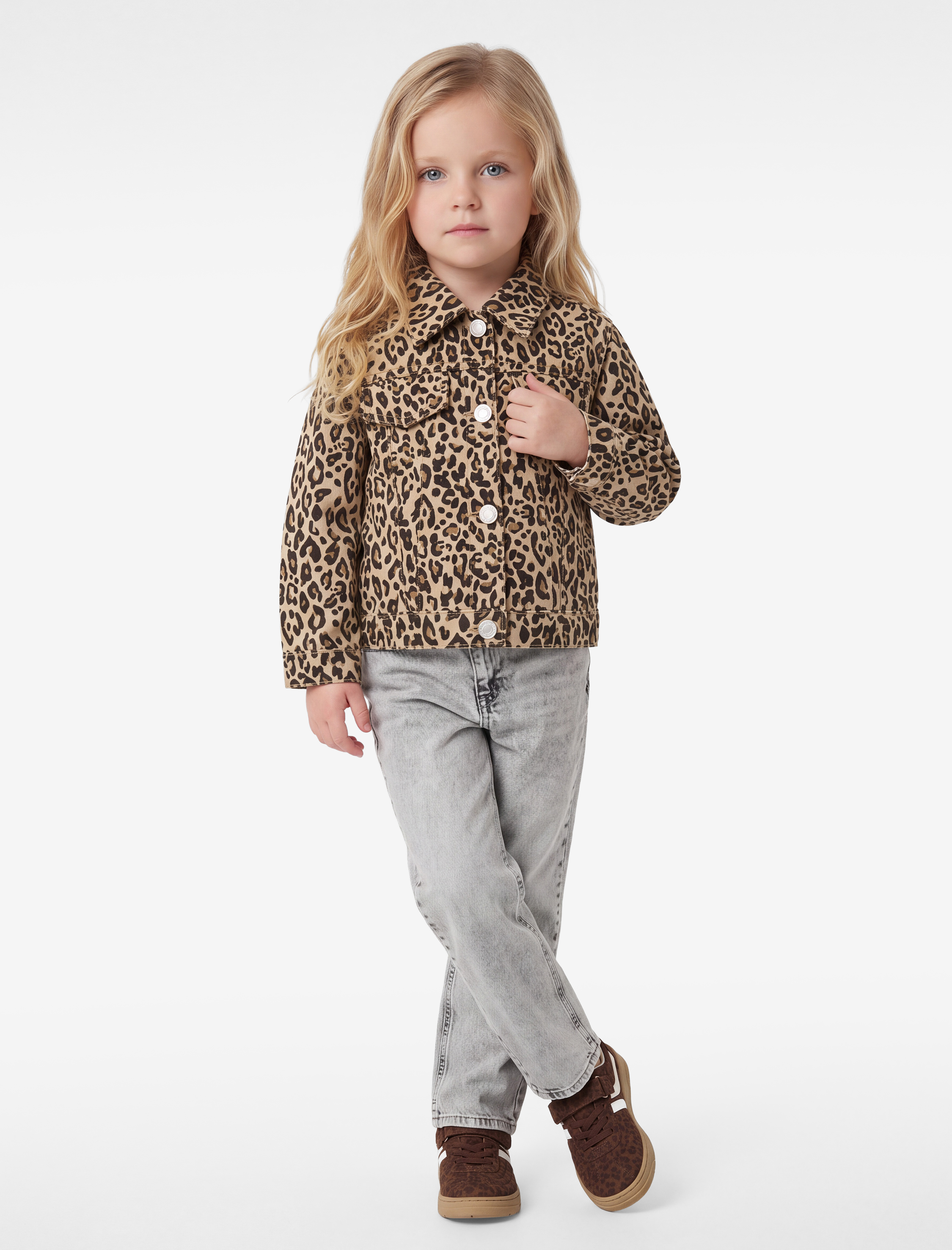  Kız Bebek Leopar Desenli Bol Kesim Pamuklu Uzun Kollu Denim Ceket
