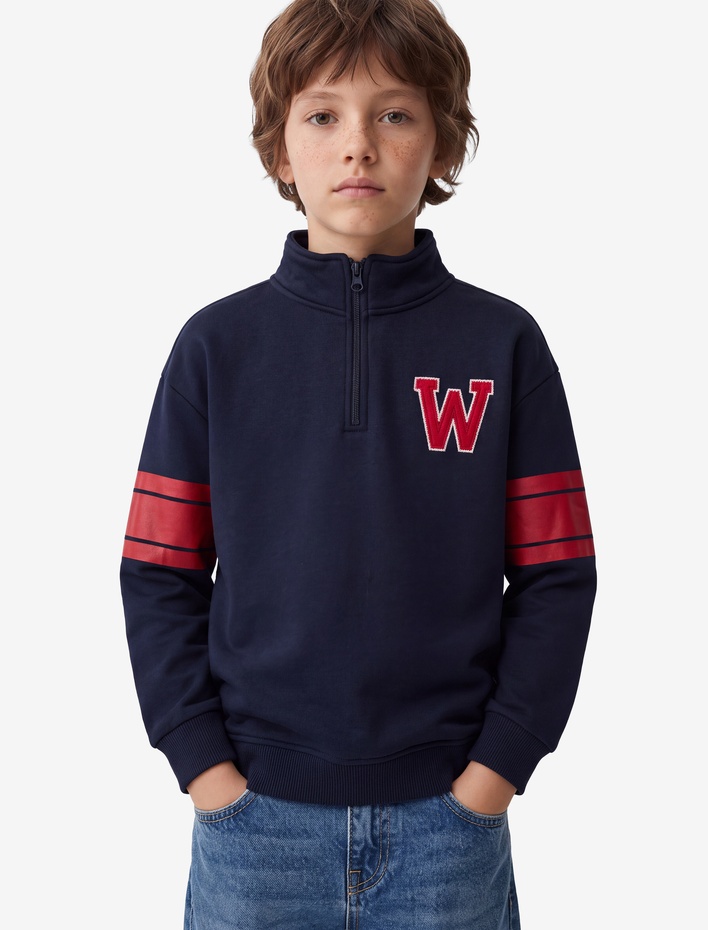Erkek Çocuk Pamuklu Şardonlu Dik Yaka Uzun Kollu Baskılı Oversize Fermuarlı Sweatshirt