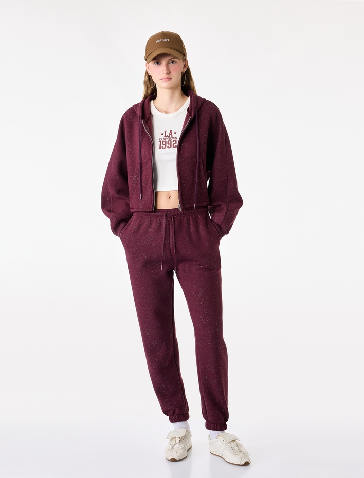  Simli Uzun Kollu Kapüşonlu Şardonlu Arkası Baskılı Crop Sweatshirt