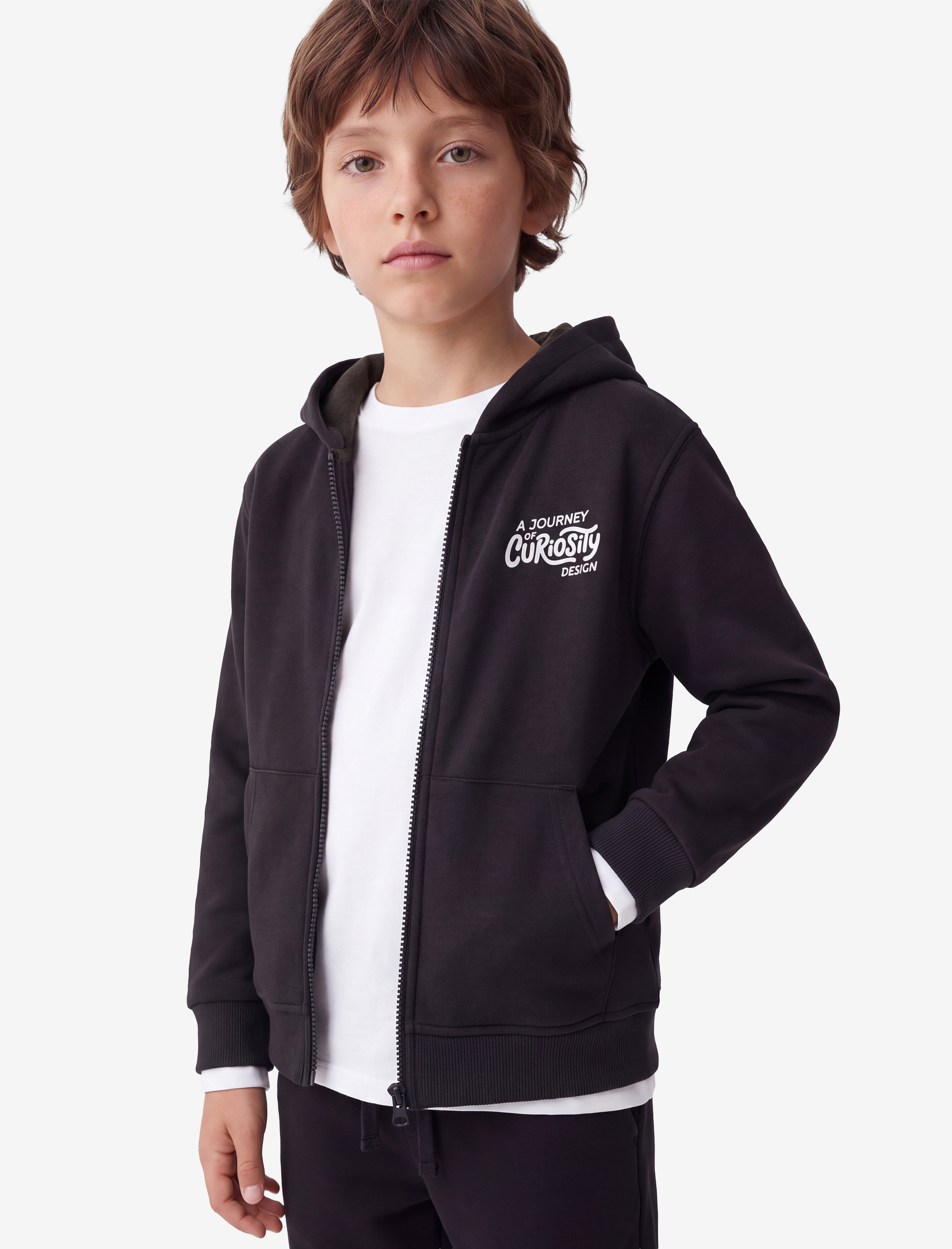 Erkek Çocuk Cepli Uzun Kollu Şardonlu Fermuarlı Kapşonlu Sweatshirt