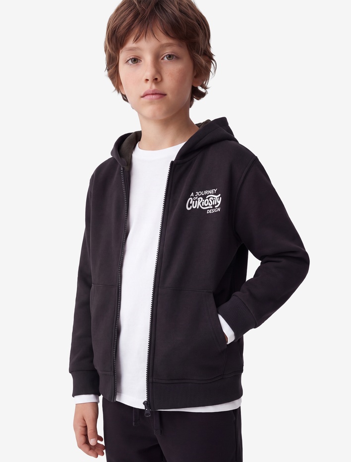 Erkek Çocuk Cepli Uzun Kollu Şardonlu Fermuarlı Kapşonlu Sweatshirt