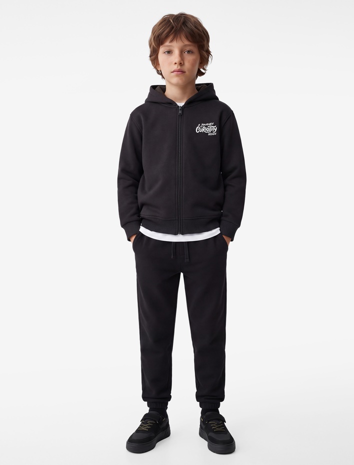Erkek Çocuk Cepli Uzun Kollu Şardonlu Fermuarlı Kapşonlu Sweatshirt