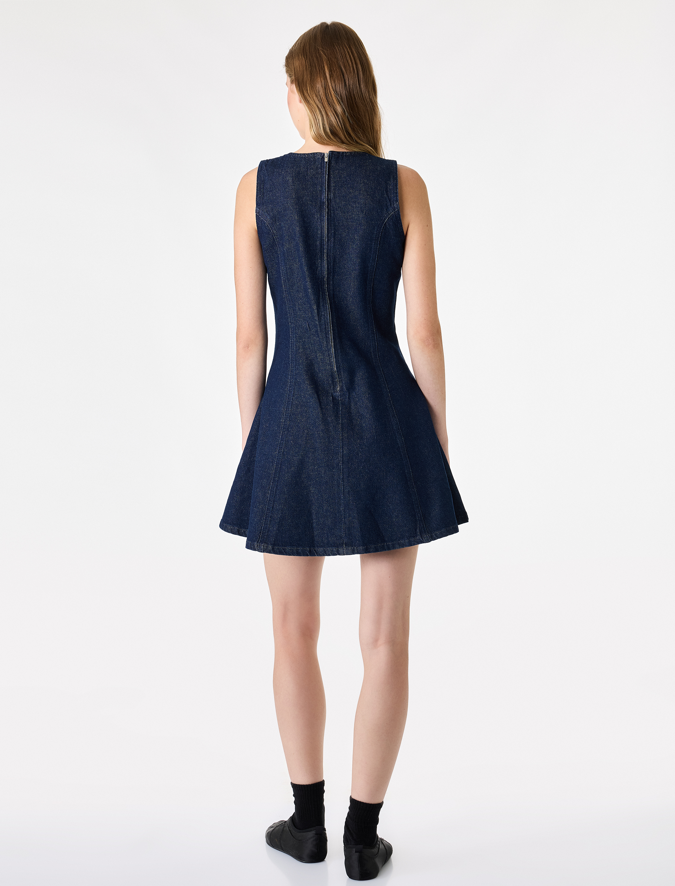   Pamuklu Süslü Kapamalı Mandarin Qipao Yaka Kolsuz Mini Denim Elbise