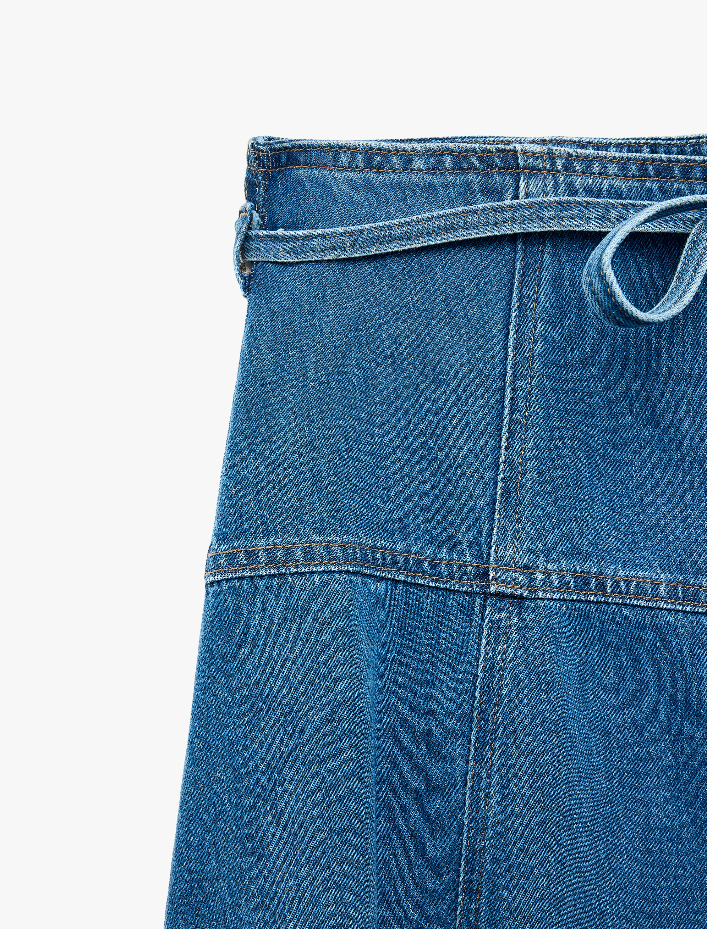   Beli Bağcıklı Kloş Kesim Rahat Kalıp Volanlı Uzun Denim Etek