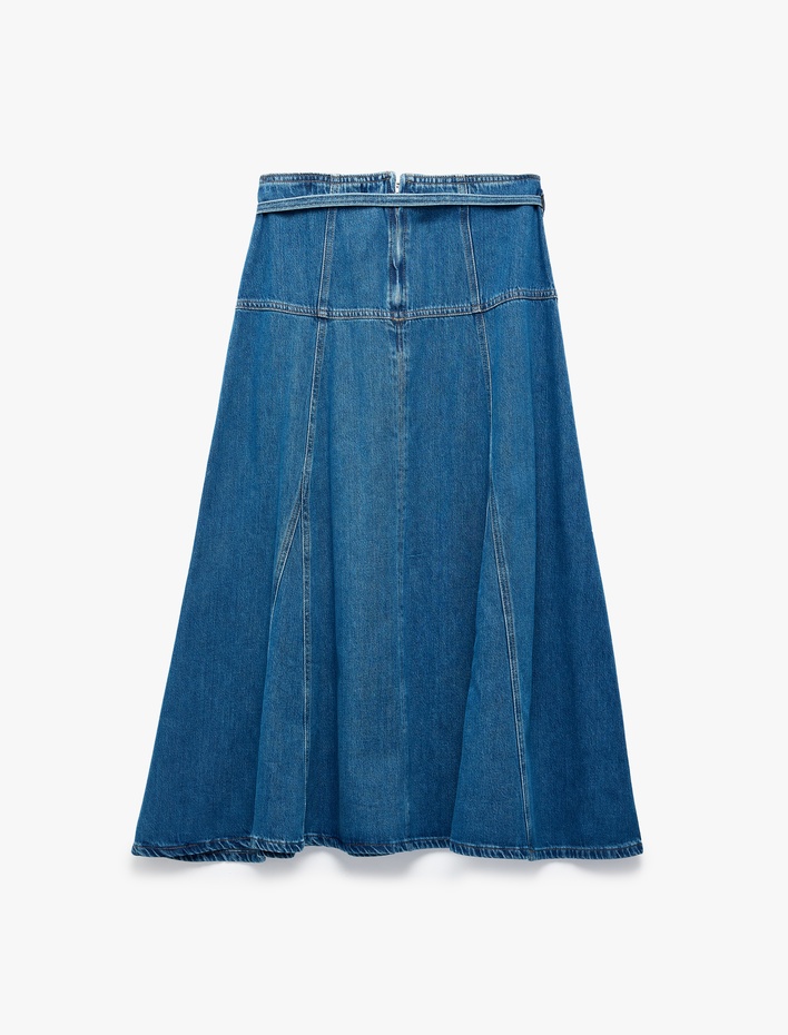  Beli Bağcıklı Kloş Kesim Rahat Kalıp Volanlı Uzun Denim Etek