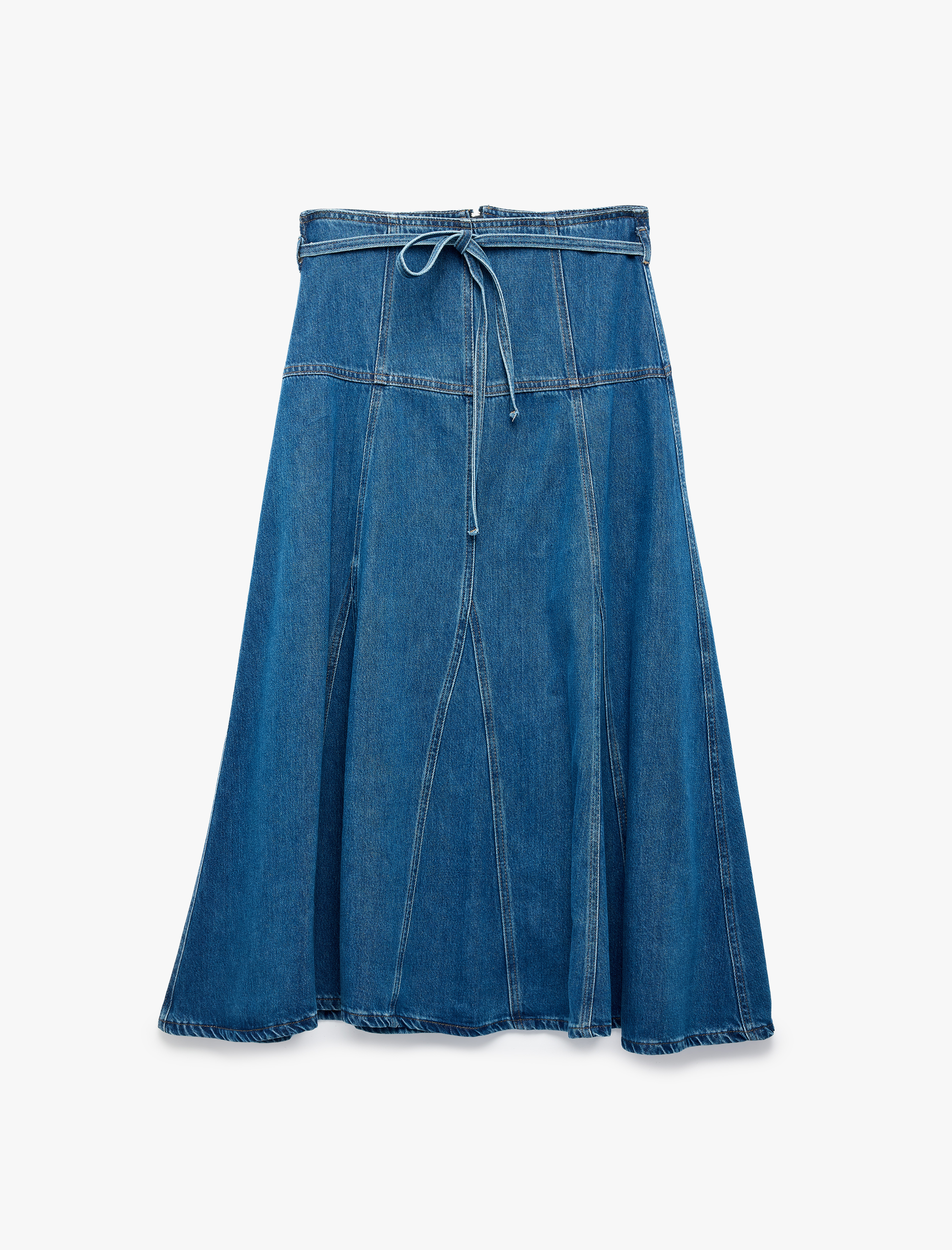   Beli Bağcıklı Kloş Kesim Rahat Kalıp Volanlı Uzun Denim Etek