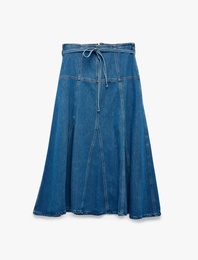Beli Bağcıklı Kloş Kesim Rahat Kalıp Volanlı Uzun Denim Etek