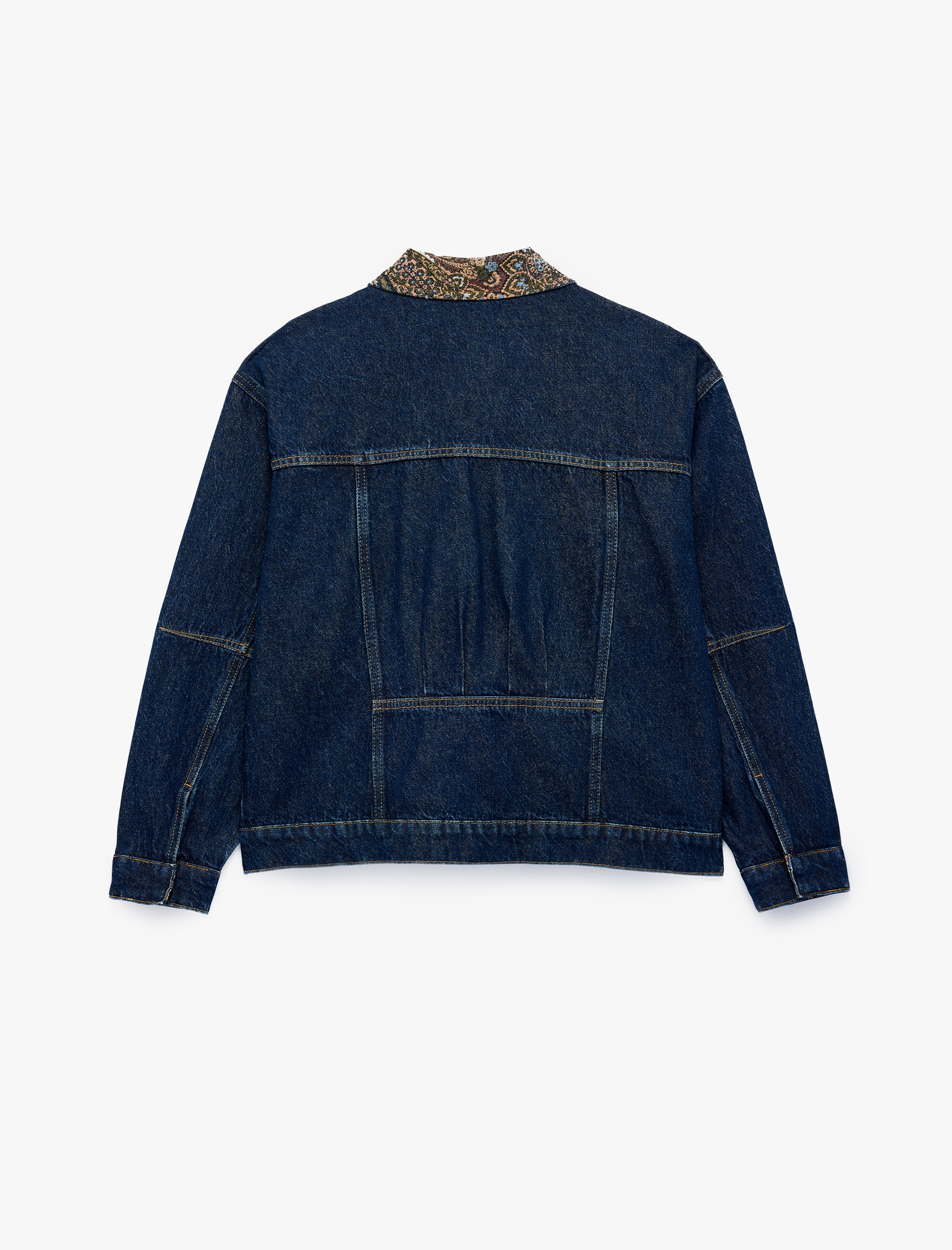   Cepli Rahat Kalıp Düğmeli Uzun Kollu Yakası Şal Desenli Denim Ceket