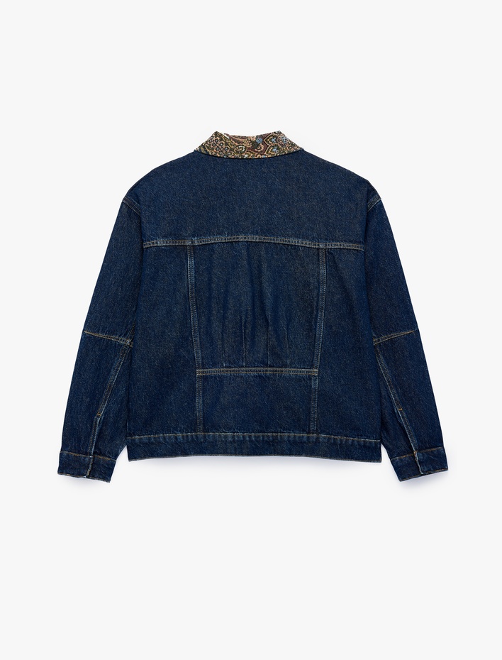  Cepli Rahat Kalıp Düğmeli Uzun Kollu Yakası Şal Desenli Denim Ceket