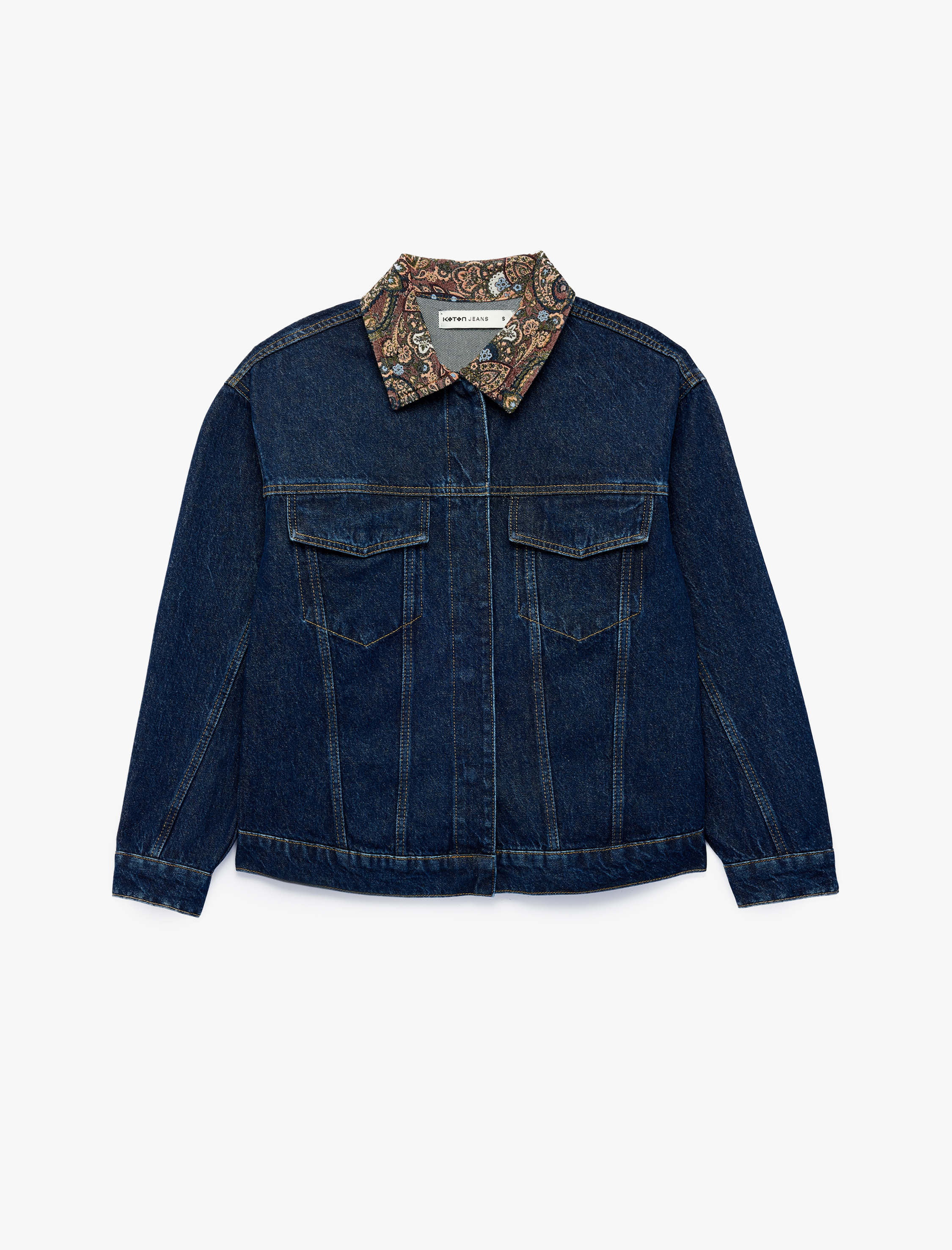   Cepli Rahat Kalıp Düğmeli Uzun Kollu Yakası Şal Desenli Denim Ceket