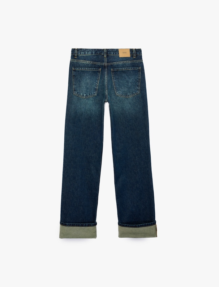  Pamuklu Normal Bel Cepli Uzun Düz Katlı Paça Denim Pantolon - Straight Fit Jean