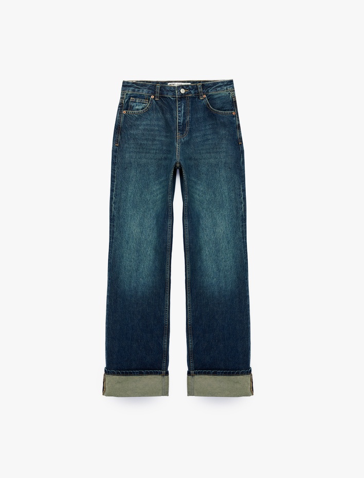  Pamuklu Normal Bel Cepli Uzun Düz Katlı Paça Denim Pantolon - Straight Fit Jean