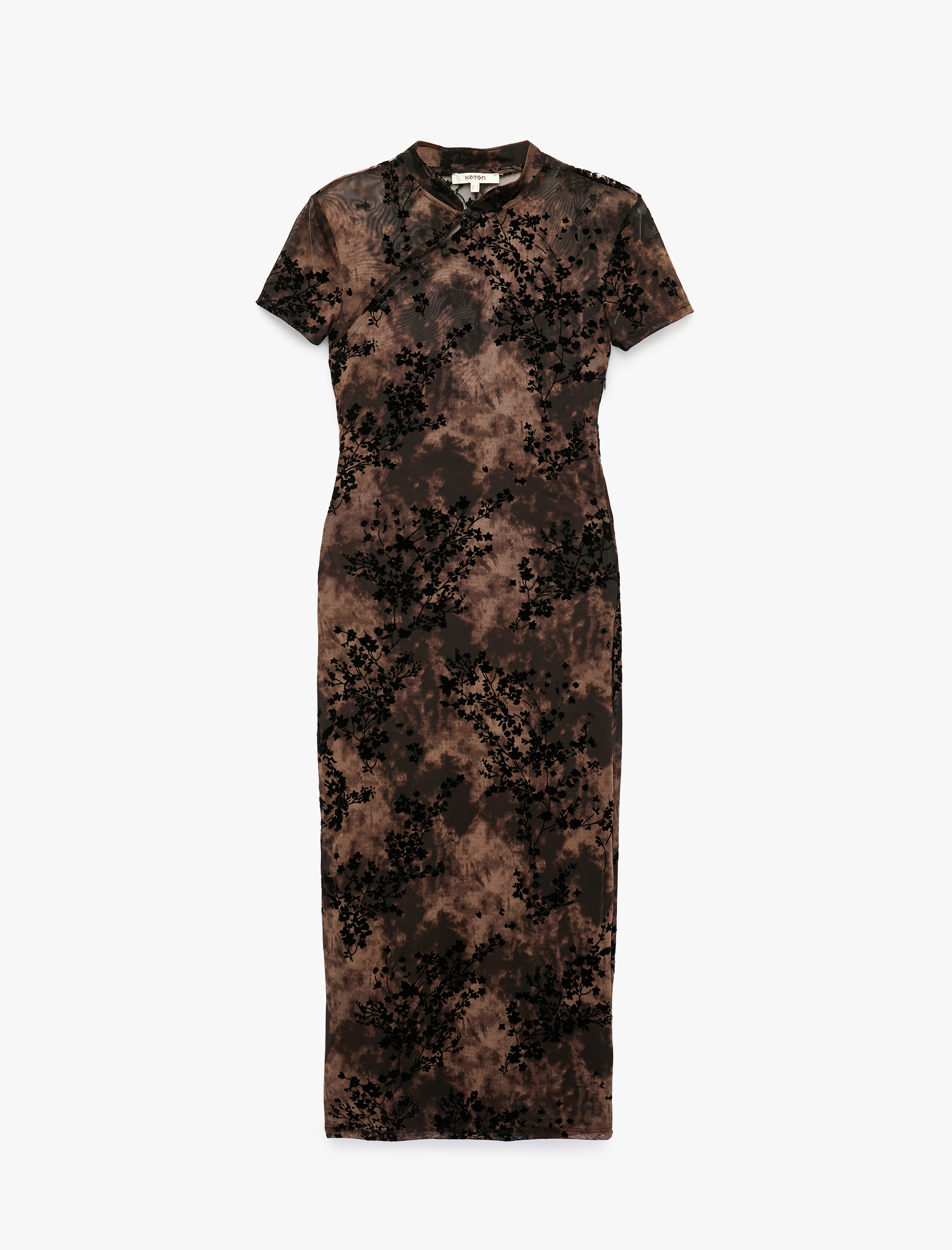  Yırtmaçlı Slim Fit Kısa Kollu Dik Qipao Yaka Kadife Çiçek Dokulu Tül Midi Elbise