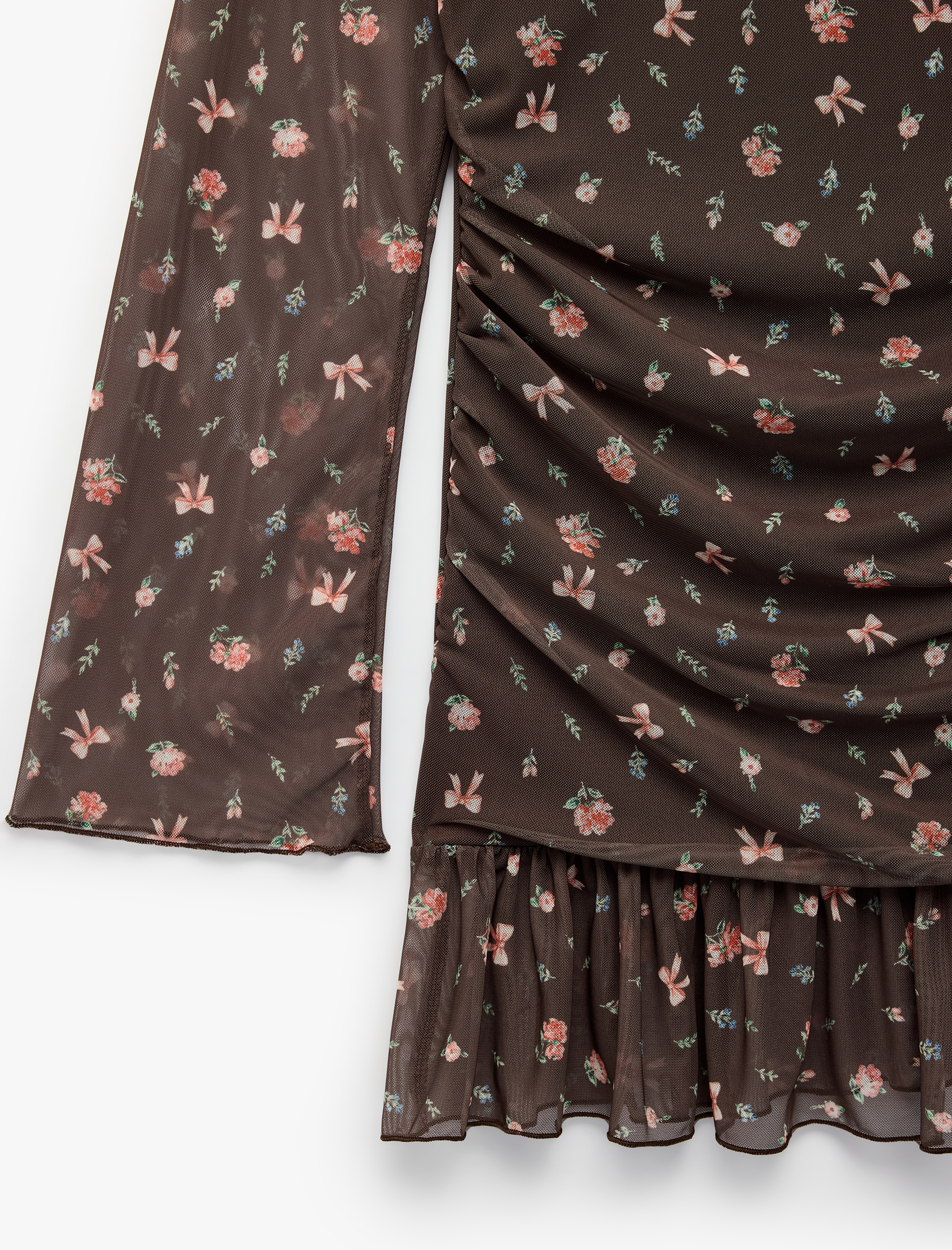  Kız Çocuk Büzgülü Slim Fit Uzun Kollu Bisiklet Yaka Tüllü Çiçekli Elbise
