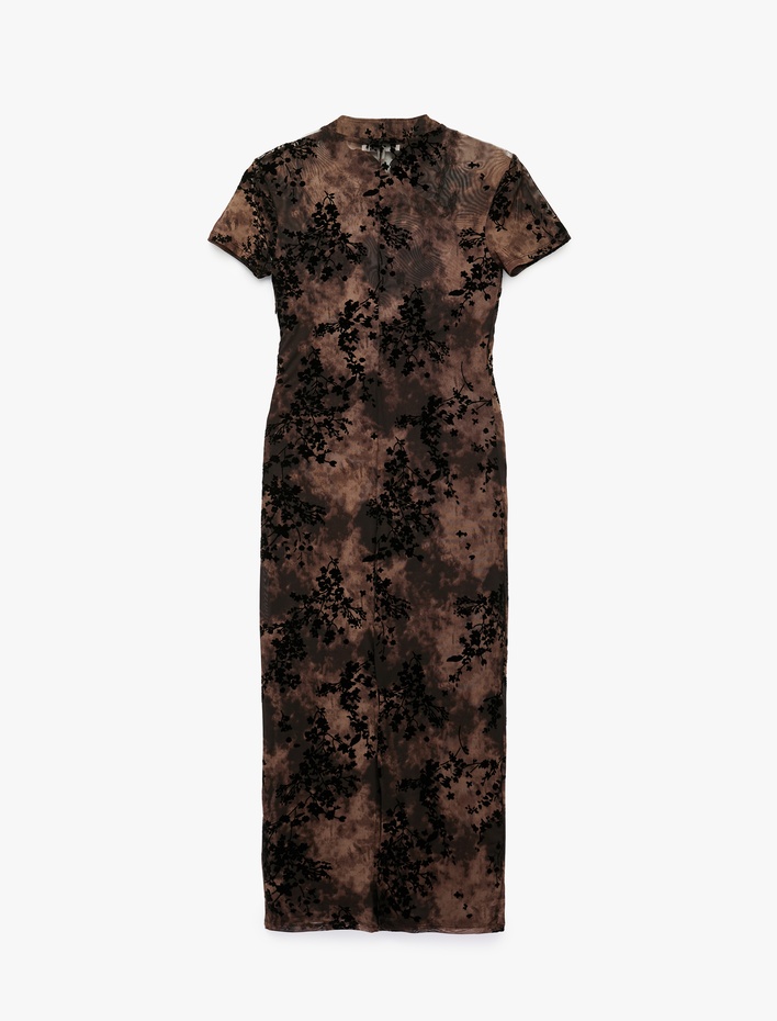  Yırtmaçlı Slim Fit Kısa Kollu Dik Qipao Yaka Kadife Çiçek Dokulu Tül Midi Elbise
