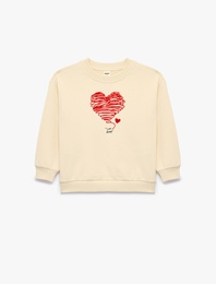 Şardonlu Uzun Kollu Bisiklet Yaka Baskılı Sweatshirt