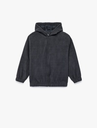 Uzun Kollu Dokulu Fermuarlı Kapşonlu Polar Sweatshirt