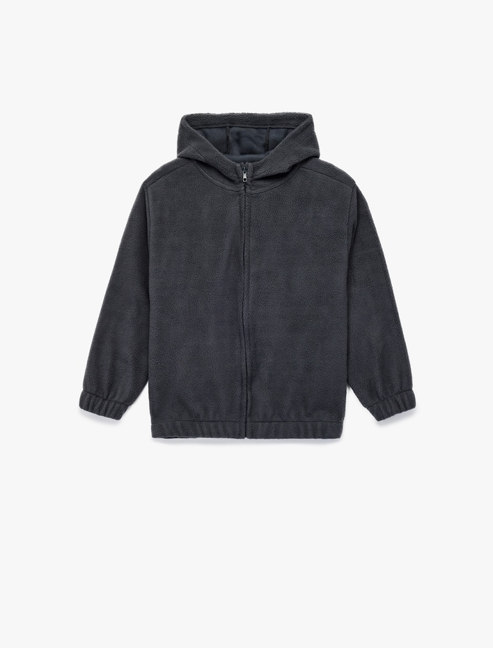 Erkek Çocuk Uzun Kollu Dokulu Fermuarlı Kapşonlu Polar Sweatshirt