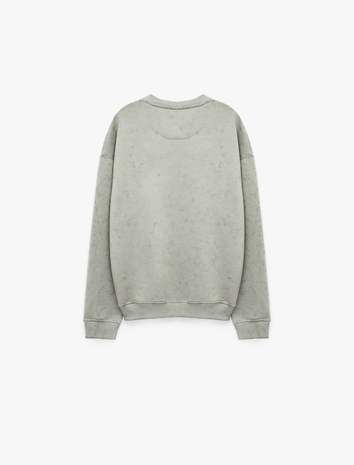  Üç İplik Şardonlu Rahat Kalıp Yıkamalı Bisiklet Yaka Baskılı Sweatshirt